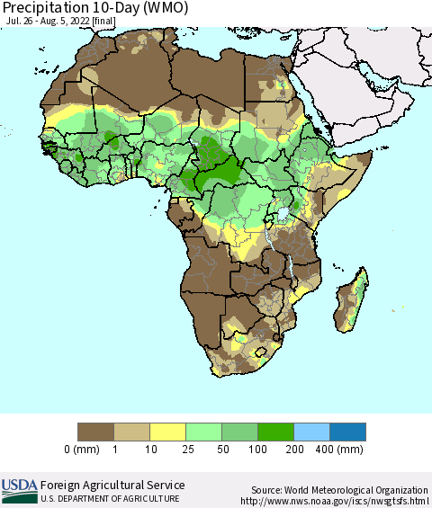 Africa Precipitation 10-Day (WMO) Thematic Map For 7/26/2022 - 8/5/2022