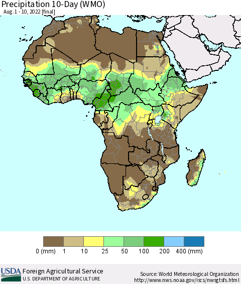 Africa Precipitation 10-Day (WMO) Thematic Map For 8/1/2022 - 8/10/2022