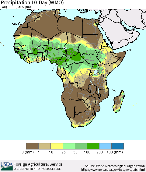 Africa Precipitation 10-Day (WMO) Thematic Map For 8/6/2022 - 8/15/2022