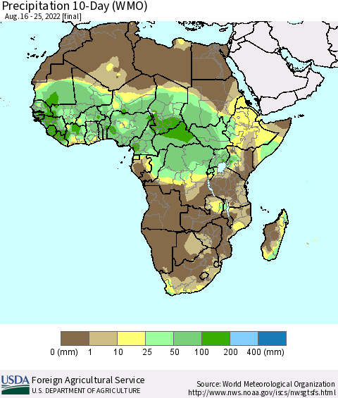 Africa Precipitation 10-Day (WMO) Thematic Map For 8/16/2022 - 8/25/2022
