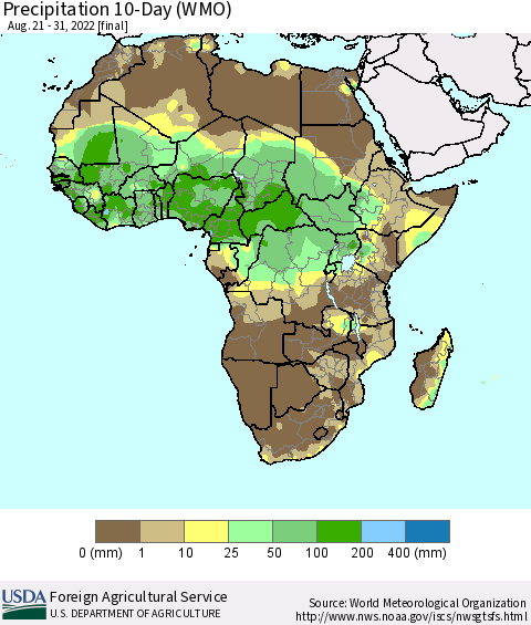 Africa Precipitation 10-Day (WMO) Thematic Map For 8/21/2022 - 8/31/2022