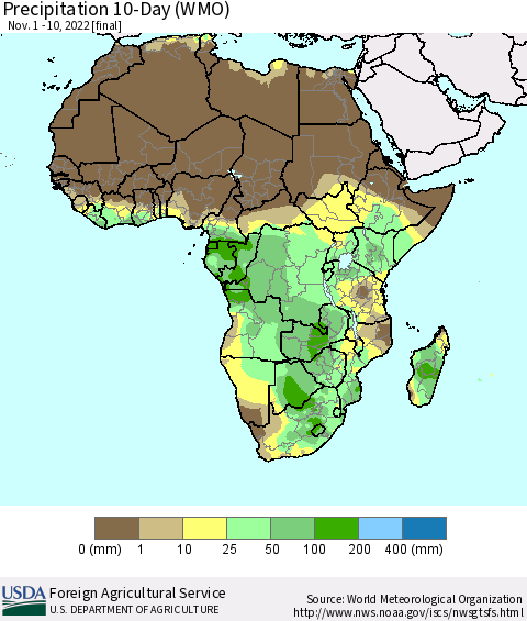 Africa Precipitation 10-Day (WMO) Thematic Map For 11/1/2022 - 11/10/2022