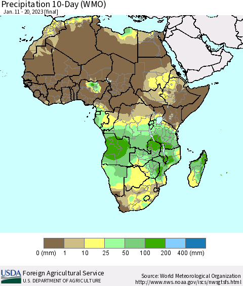 Africa Precipitation 10-Day (WMO) Thematic Map For 1/11/2023 - 1/20/2023