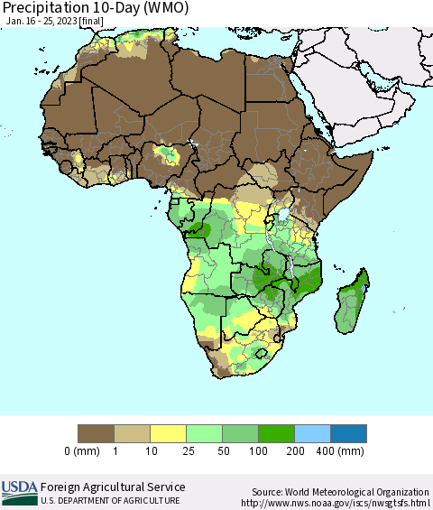 Africa Precipitation 10-Day (WMO) Thematic Map For 1/16/2023 - 1/25/2023