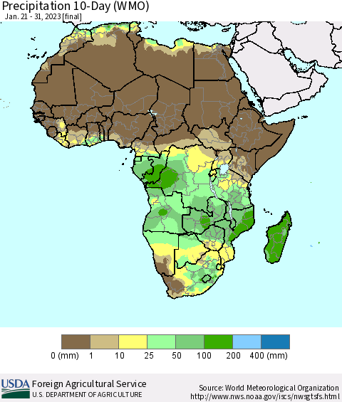 Africa Precipitation 10-Day (WMO) Thematic Map For 1/21/2023 - 1/31/2023