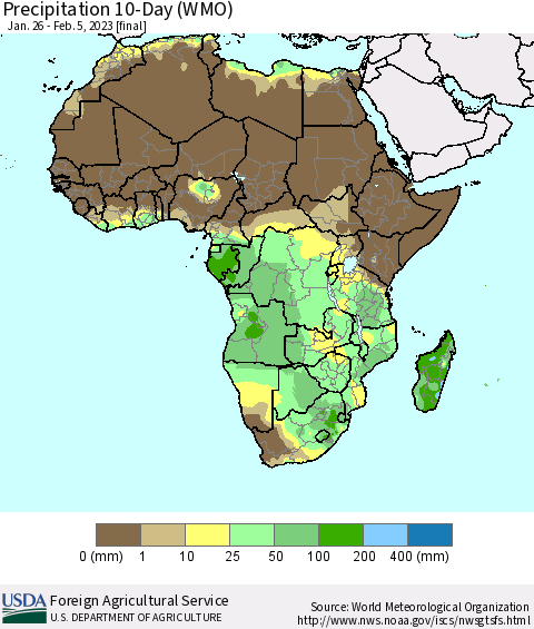 Africa Precipitation 10-Day (WMO) Thematic Map For 1/26/2023 - 2/5/2023