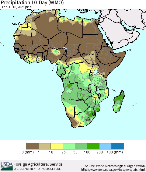 Africa Precipitation 10-Day (WMO) Thematic Map For 2/1/2023 - 2/10/2023