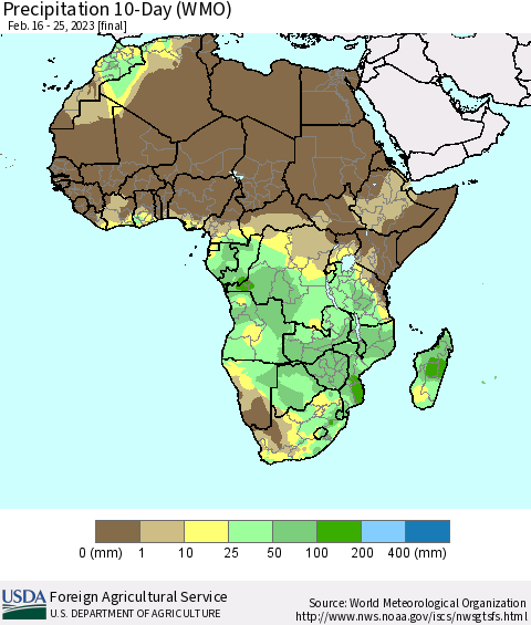 Africa Precipitation 10-Day (WMO) Thematic Map For 2/16/2023 - 2/25/2023