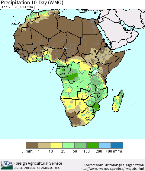 Africa Precipitation 10-Day (WMO) Thematic Map For 2/21/2023 - 2/28/2023