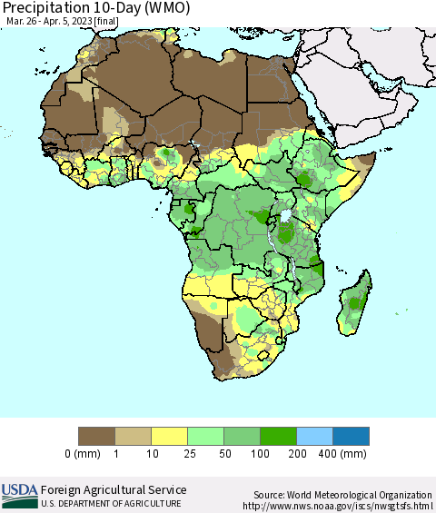 Africa Precipitation 10-Day (WMO) Thematic Map For 3/26/2023 - 4/5/2023