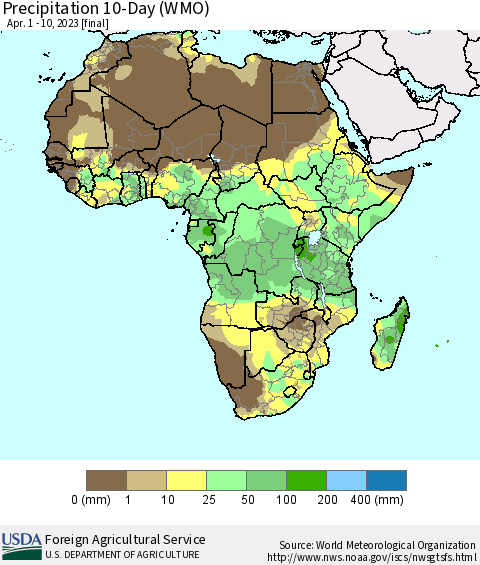 Africa Precipitation 10-Day (WMO) Thematic Map For 4/1/2023 - 4/10/2023