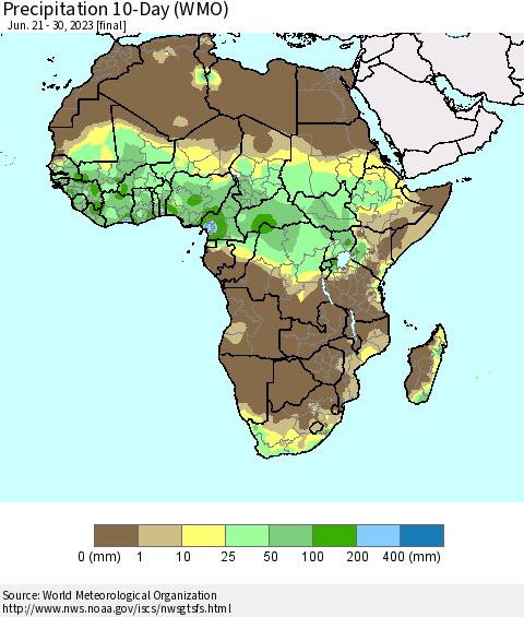 Africa Precipitation 10-Day (WMO) Thematic Map For 6/21/2023 - 6/30/2023