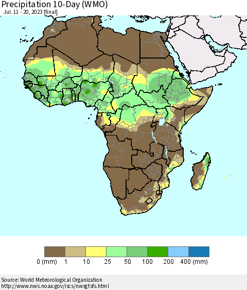 Africa Precipitation 10-Day (WMO) Thematic Map For 7/11/2023 - 7/20/2023
