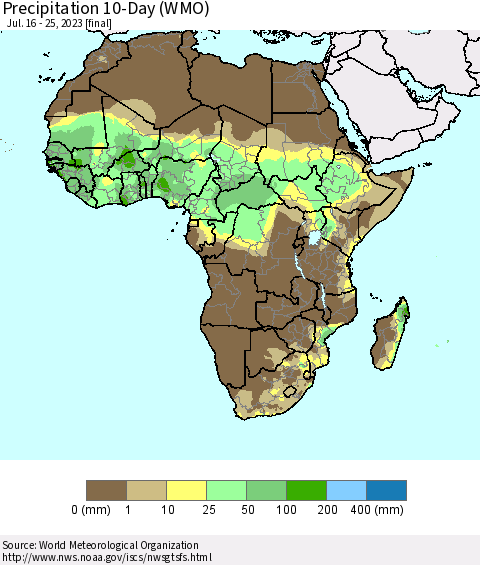 Africa Precipitation 10-Day (WMO) Thematic Map For 7/16/2023 - 7/25/2023