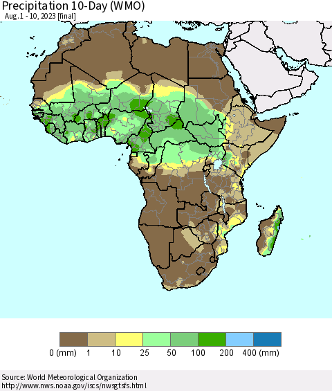 Africa Precipitation 10-Day (WMO) Thematic Map For 8/1/2023 - 8/10/2023