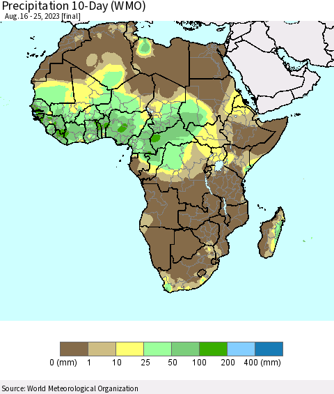 Africa Precipitation 10-Day (WMO) Thematic Map For 8/16/2023 - 8/25/2023