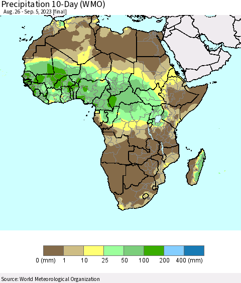 Africa Precipitation 10-Day (WMO) Thematic Map For 8/26/2023 - 9/5/2023