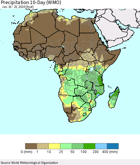 Africa Precipitation 10-Day (WMO) Thematic Map For 1/16/2024 - 1/25/2024