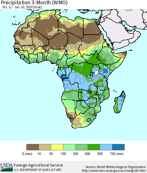 Africa Precipitation 3-Month (WMO) Thematic Map For 10/11/2019 - 1/10/2020