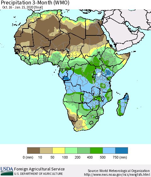 Africa Precipitation 3-Month (WMO) Thematic Map For 10/16/2019 - 1/15/2020