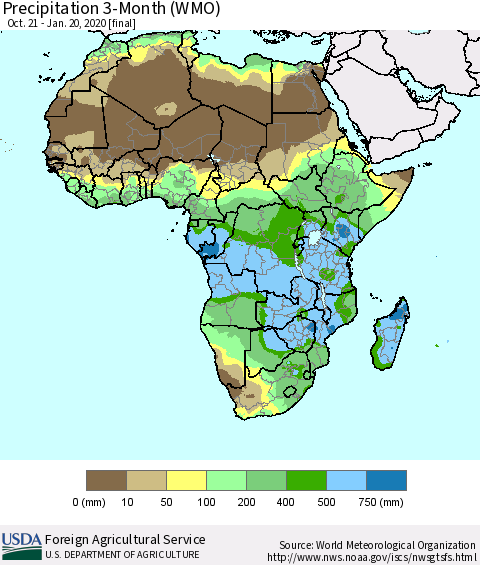 Africa Precipitation 3-Month (WMO) Thematic Map For 10/21/2019 - 1/20/2020