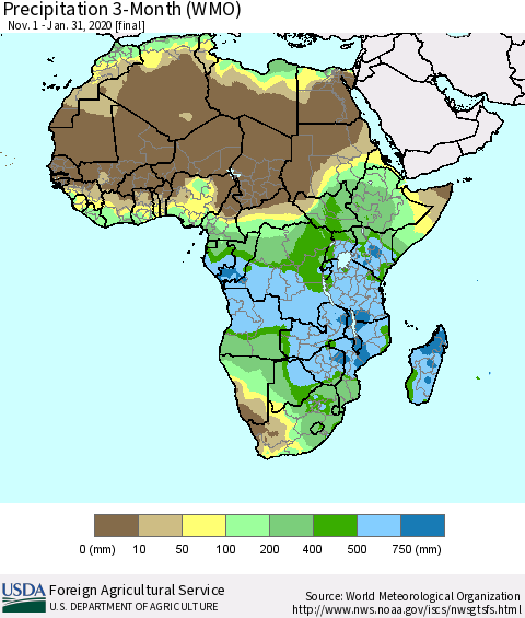 Africa Precipitation 3-Month (WMO) Thematic Map For 11/1/2019 - 1/31/2020