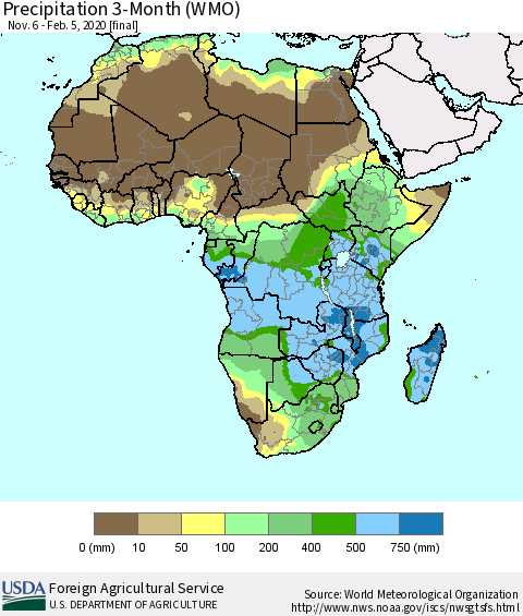 Africa Precipitation 3-Month (WMO) Thematic Map For 11/6/2019 - 2/5/2020