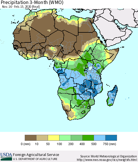 Africa Precipitation 3-Month (WMO) Thematic Map For 11/16/2019 - 2/15/2020