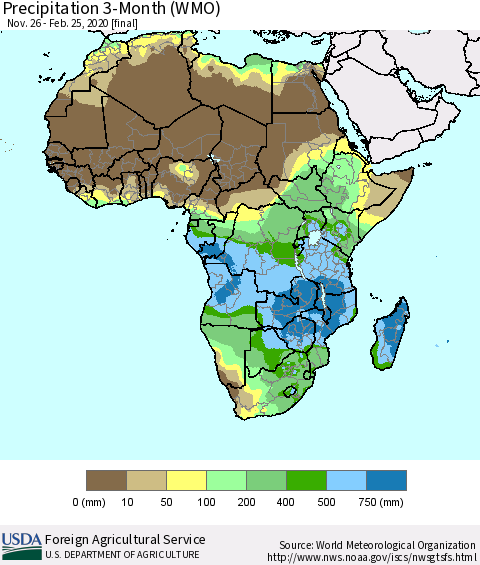 Africa Precipitation 3-Month (WMO) Thematic Map For 11/26/2019 - 2/25/2020
