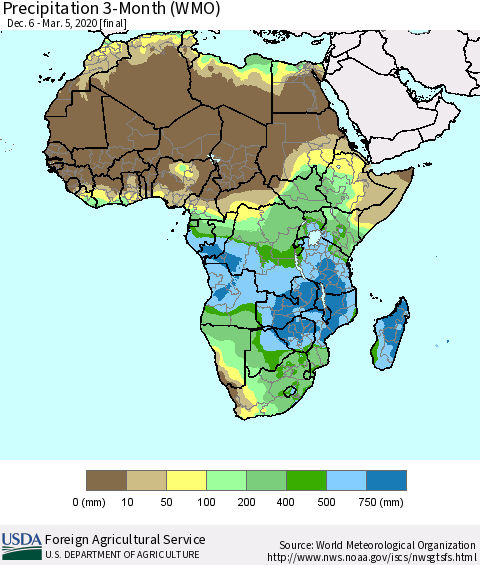 Africa Precipitation 3-Month (WMO) Thematic Map For 12/6/2019 - 3/5/2020