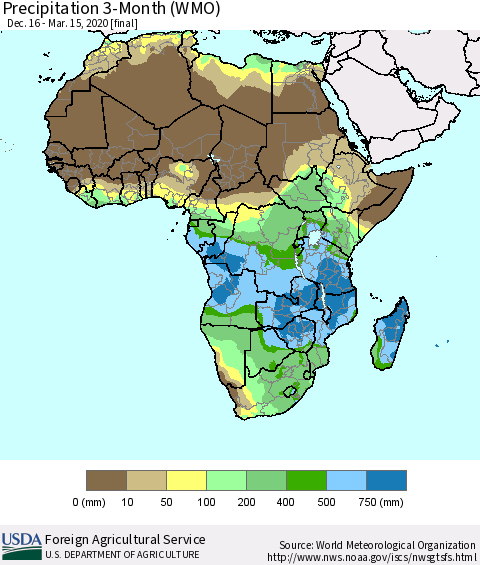 Africa Precipitation 3-Month (WMO) Thematic Map For 12/16/2019 - 3/15/2020