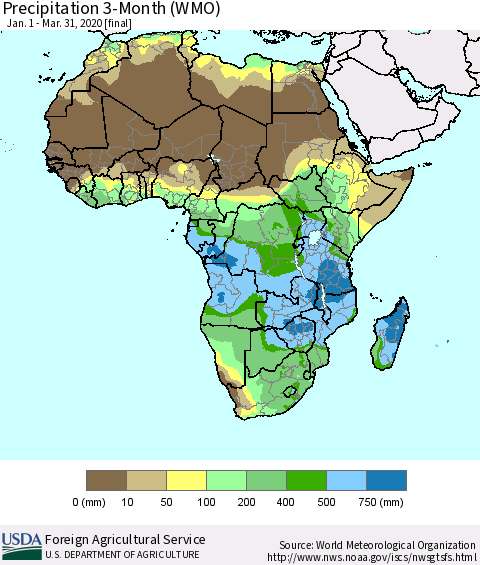 Africa Precipitation 3-Month (WMO) Thematic Map For 1/1/2020 - 3/31/2020