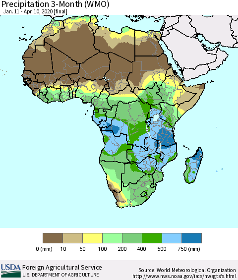 Africa Precipitation 3-Month (WMO) Thematic Map For 1/11/2020 - 4/10/2020