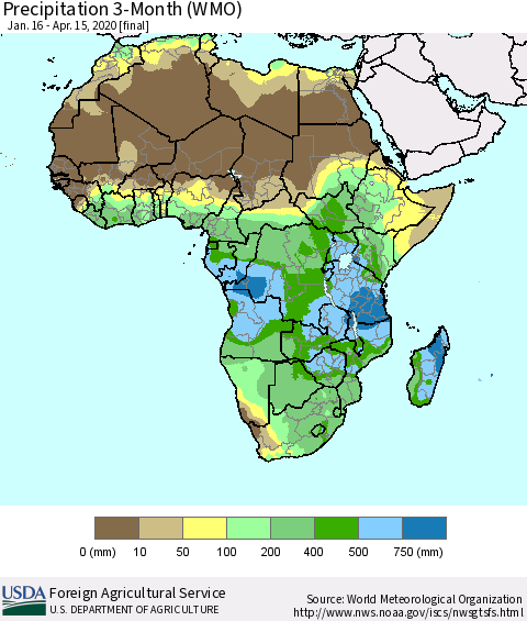 Africa Precipitation 3-Month (WMO) Thematic Map For 1/16/2020 - 4/15/2020