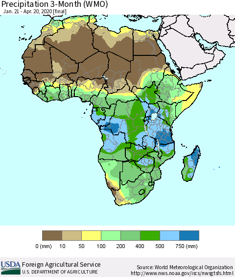 Africa Precipitation 3-Month (WMO) Thematic Map For 1/21/2020 - 4/20/2020