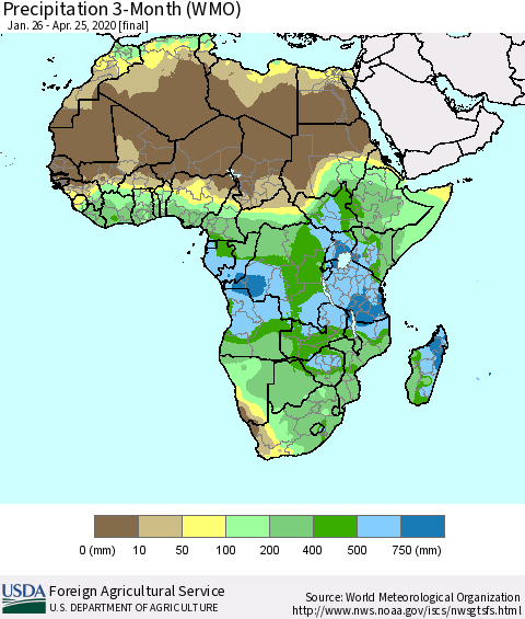 Africa Precipitation 3-Month (WMO) Thematic Map For 1/26/2020 - 4/25/2020
