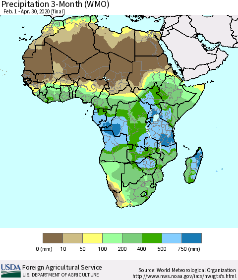 Africa Precipitation 3-Month (WMO) Thematic Map For 2/1/2020 - 4/30/2020
