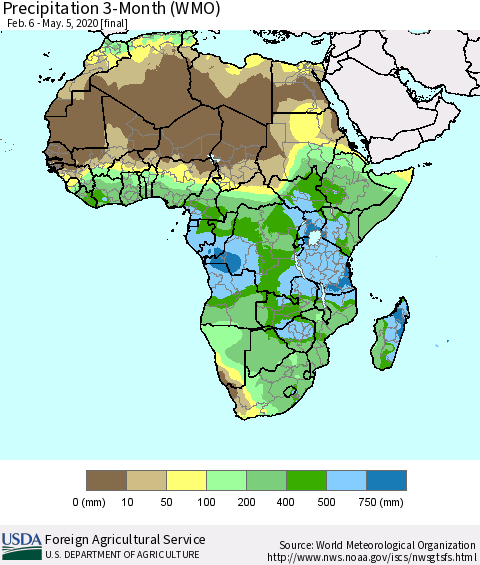 Africa Precipitation 3-Month (WMO) Thematic Map For 2/6/2020 - 5/5/2020