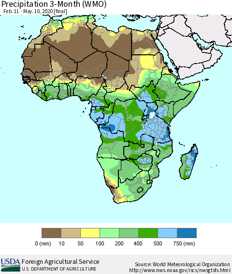 Africa Precipitation 3-Month (WMO) Thematic Map For 2/11/2020 - 5/10/2020