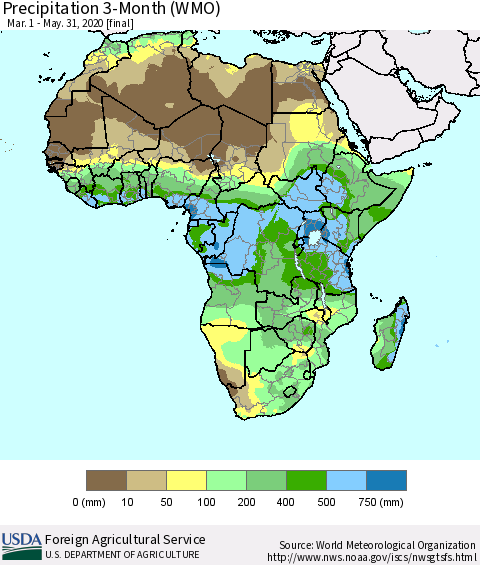 Africa Precipitation 3-Month (WMO) Thematic Map For 3/1/2020 - 5/31/2020