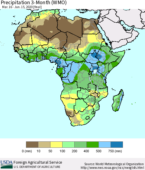 Africa Precipitation 3-Month (WMO) Thematic Map For 3/16/2020 - 6/15/2020