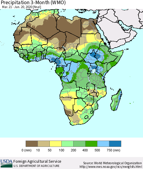 Africa Precipitation 3-Month (WMO) Thematic Map For 3/21/2020 - 6/20/2020