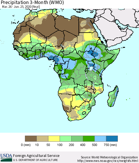 Africa Precipitation 3-Month (WMO) Thematic Map For 3/26/2020 - 6/25/2020