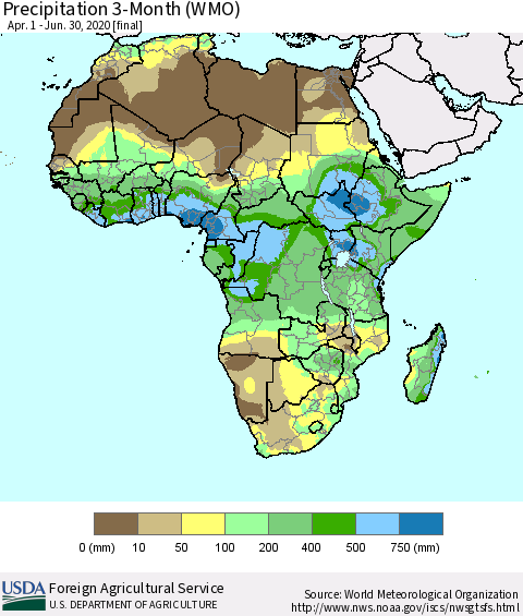 Africa Precipitation 3-Month (WMO) Thematic Map For 4/1/2020 - 6/30/2020
