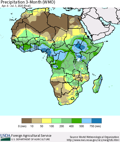 Africa Precipitation 3-Month (WMO) Thematic Map For 4/6/2020 - 7/5/2020