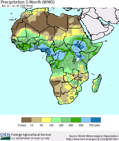 Africa Precipitation 3-Month (WMO) Thematic Map For 4/11/2020 - 7/10/2020