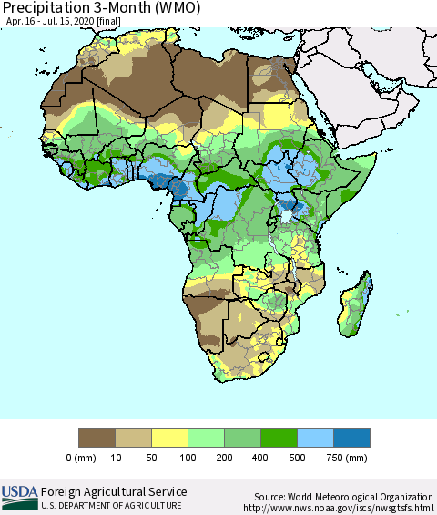 Africa Precipitation 3-Month (WMO) Thematic Map For 4/16/2020 - 7/15/2020