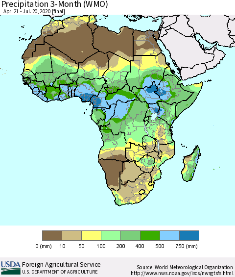 Africa Precipitation 3-Month (WMO) Thematic Map For 4/21/2020 - 7/20/2020