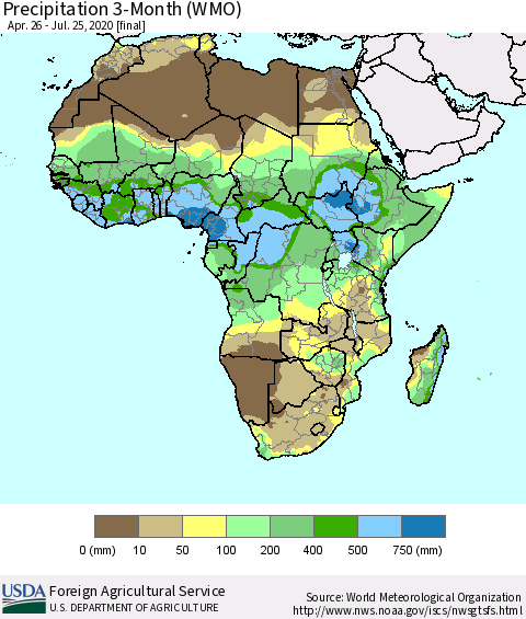 Africa Precipitation 3-Month (WMO) Thematic Map For 4/26/2020 - 7/25/2020