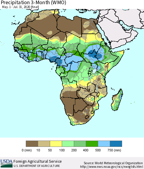 Africa Precipitation 3-Month (WMO) Thematic Map For 5/1/2020 - 7/31/2020